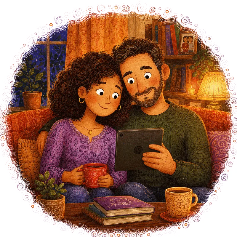 Illustration of a couple on the sofa reviewing their Will together, with everything sorted