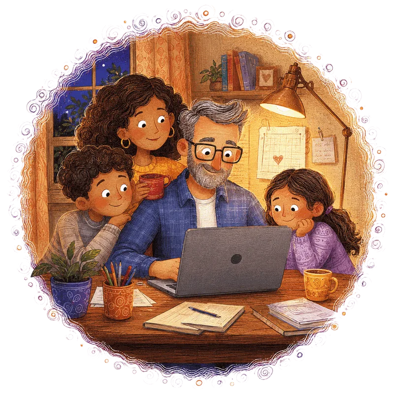 Illustration of a family gathered around a laptop together at home