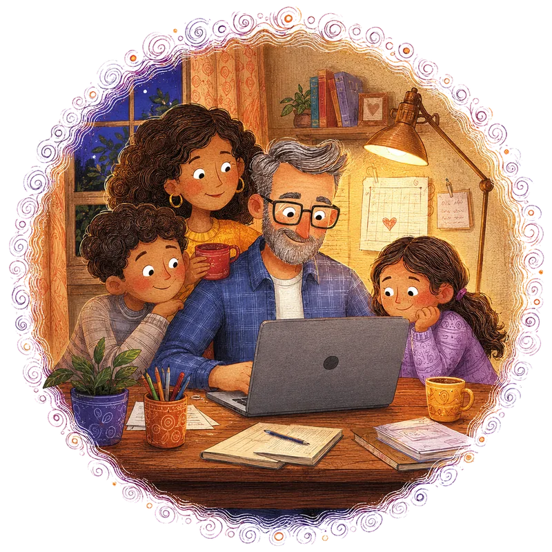 Illustration of a family gathered around a laptop together at the kitchen table
