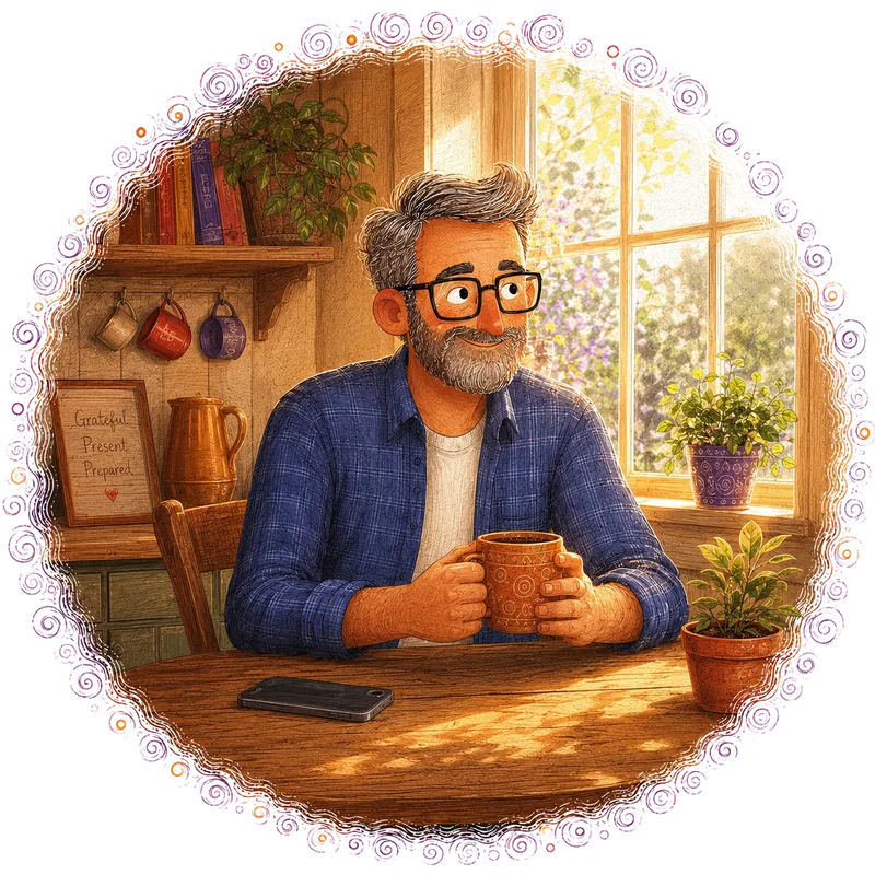 Illustration of a man enjoying a quiet cup of coffee at his kitchen table, phone set aside