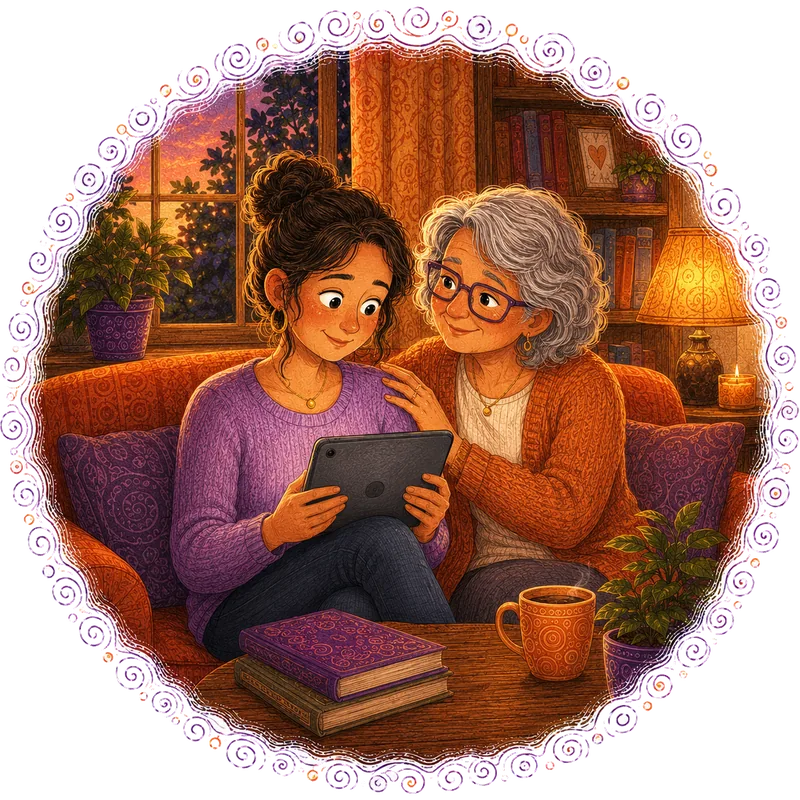 Illustration of a woman with a tablet beside a reassuring older relative, calmly supported
