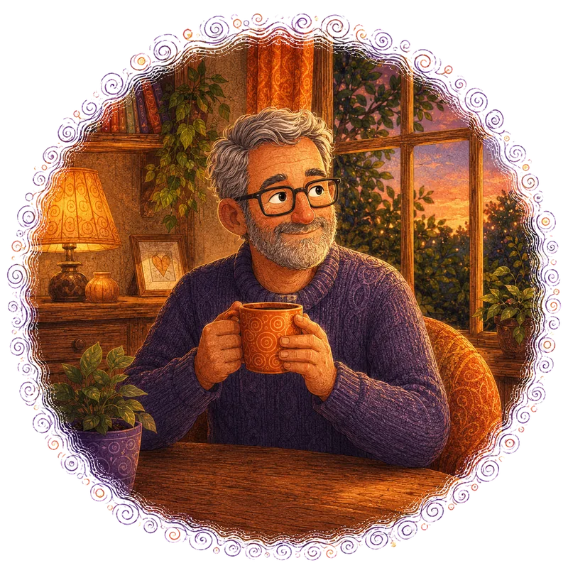 Illustration of a content older man with a warm mug at home, reassured that everything is taken care of