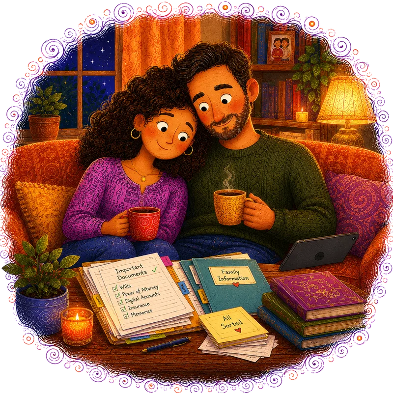 Illustration of a couple at home, their important documents and keepsakes all sorted