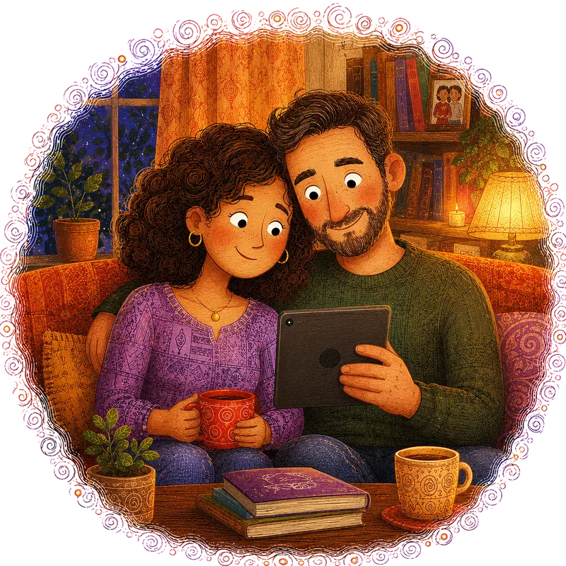 Illustration of a young couple at home sharing a tablet, with keepsakes and books beside them