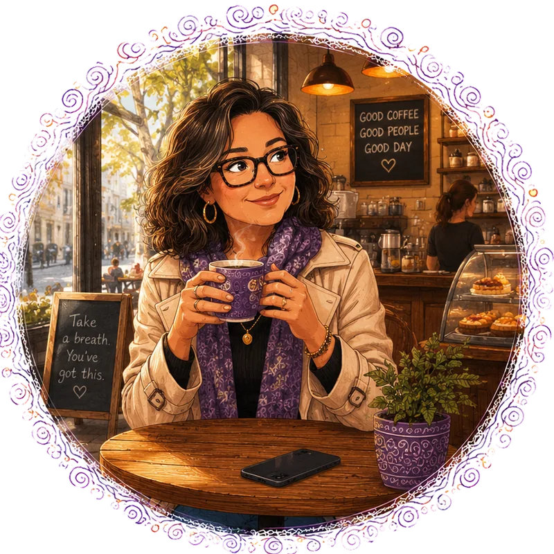 Illustration of a woman relaxing with a coffee, her words safely written and stored