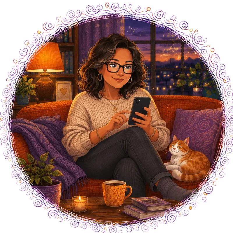 Illustration of a woman at home on her sofa with her cat, writing a note on her phone
