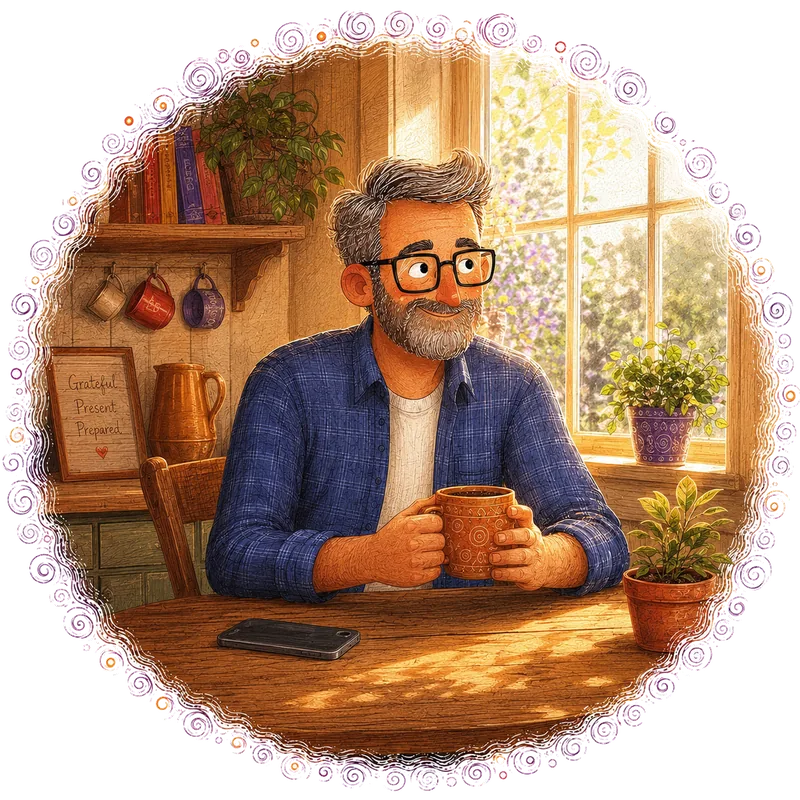 Illustration of a man relaxing with a coffee at home, content after securing his Will with True Wills